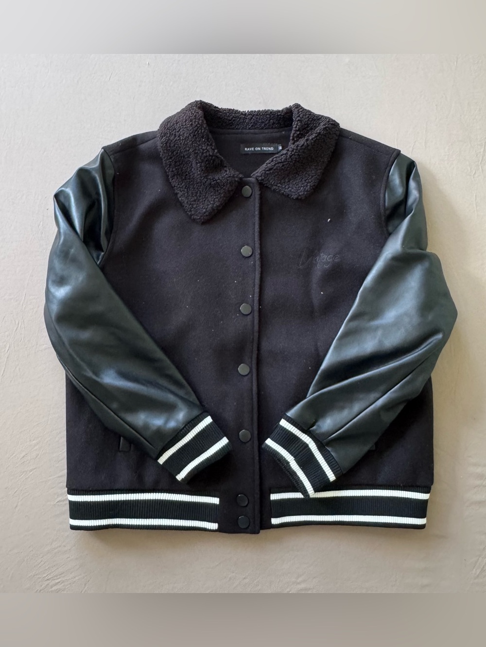 Rave On Trend Fuzzy Collar Varsity Jacket
